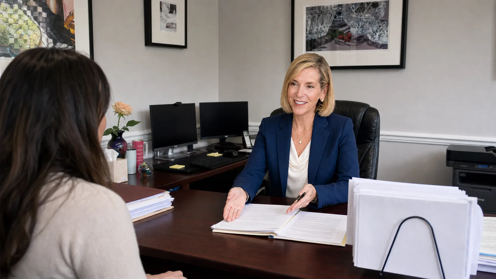 Roberta M. Deutsch meeting one-on-one with a client at her Boca Raton immigration law office