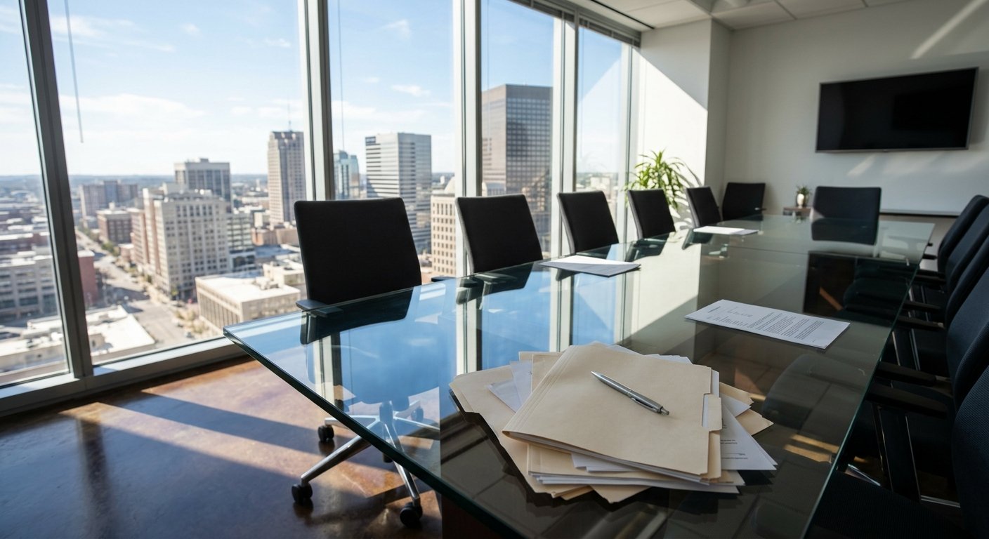 Two professionals shake hands across a glass conference table in a sunlit high-rise office while a colleague reviews document