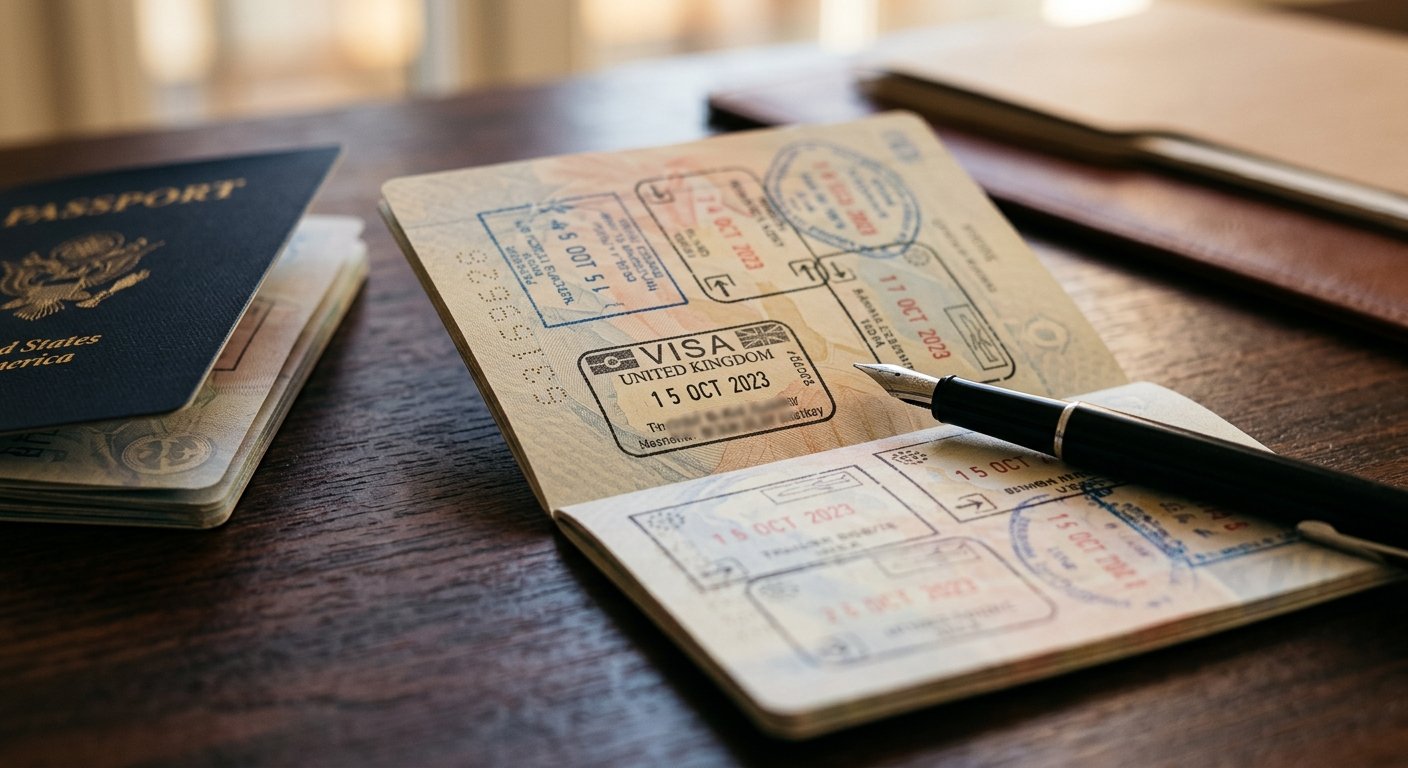 Close-up of hands holding an open passport to a visa stamp page, with a fountain pen resting on a dark wood desk