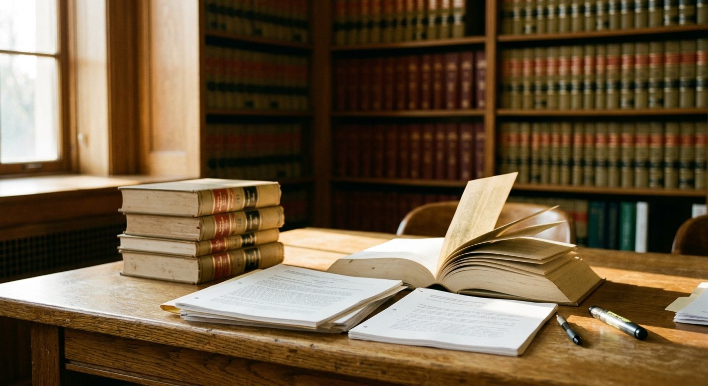 Young man in blue shirt reviewing a thick government document at a library table under warm afternoon light