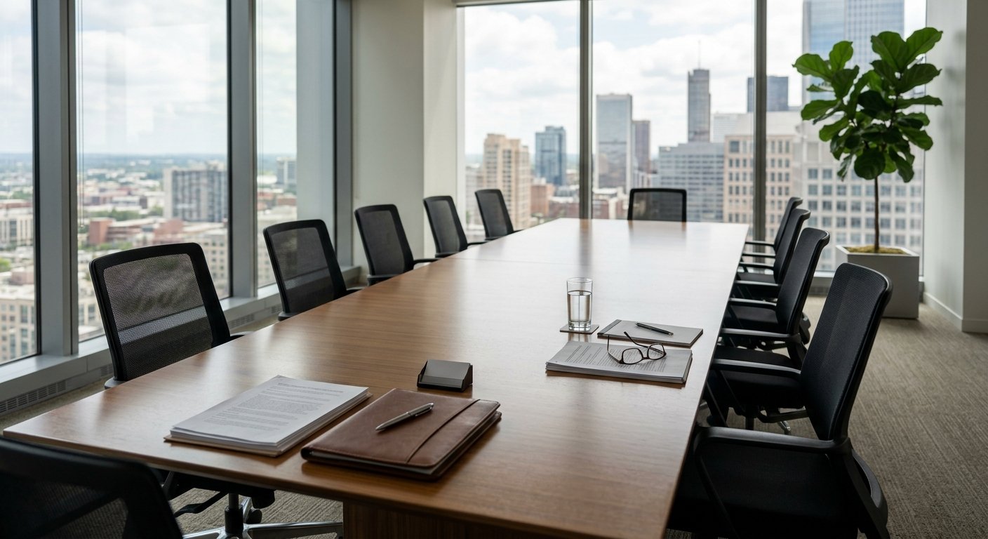 Hiring manager and job candidate reviewing documents across a conference table in a sunlit modern office with city views