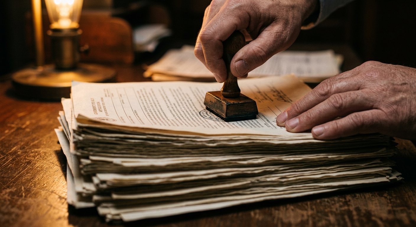 Hands pressing an official rubber stamp onto a thick stack of formal paperwork on a wooden desk under warm lamp light.