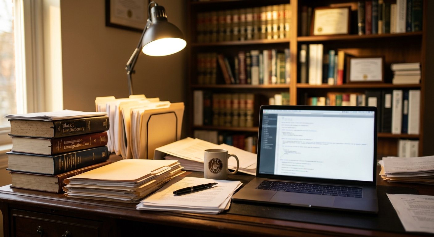 Woman in navy blazer typing on laptop at a cluttered desk, lit by warm lamp light, manila folders stacked nearby