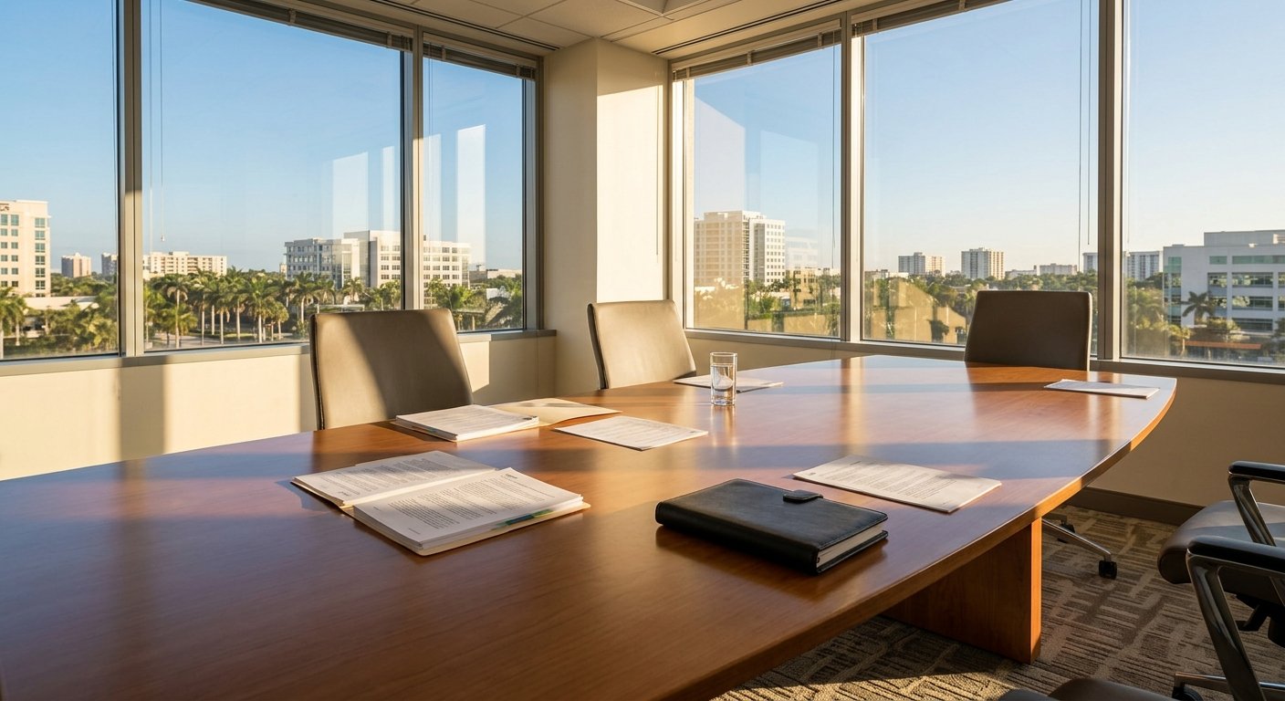 Woman in blazer and hiring manager review documents together at a sunlit conference table with city skyline behind them